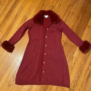 Burgundy Long Cardigan with Faux Fur Trim, Medium